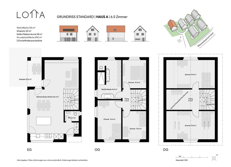 3 different floor plans, 2 storey with 6.5 rooms, different sizes of living room, kitchen, bathroom, entrance, hall