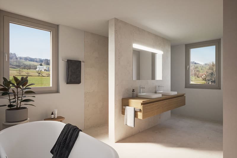 Modern bathroom with two sinks, mirror, bathtub, windows, view, towel, plant