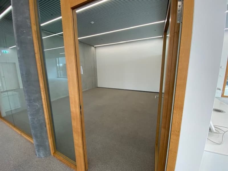 empty room, white walls, wooden doors, glass walls, carpeted floor, fluorescent lights on the ceiling