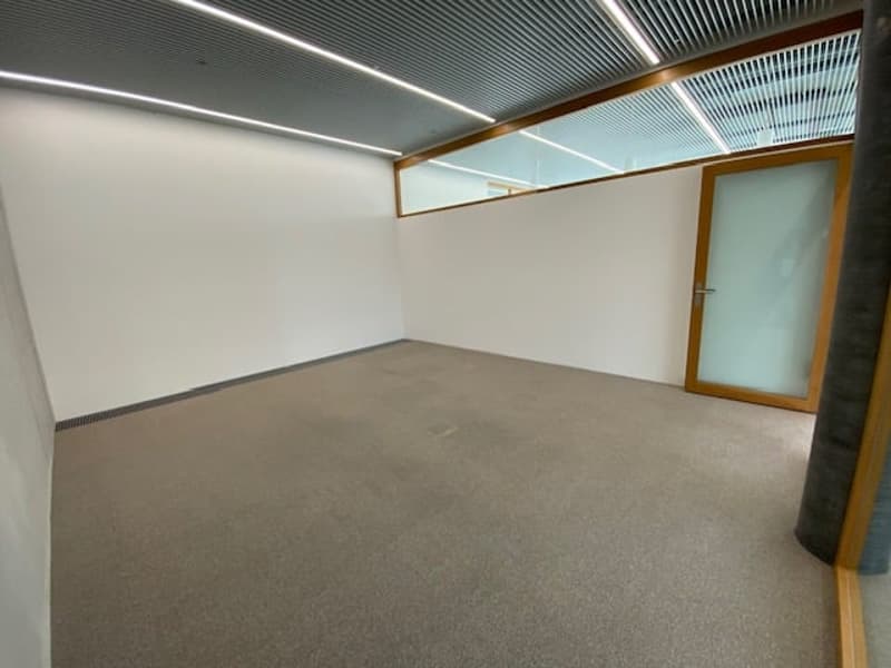 Empty room with white walls, gray flooring, glass door, window, and ceiling lighting