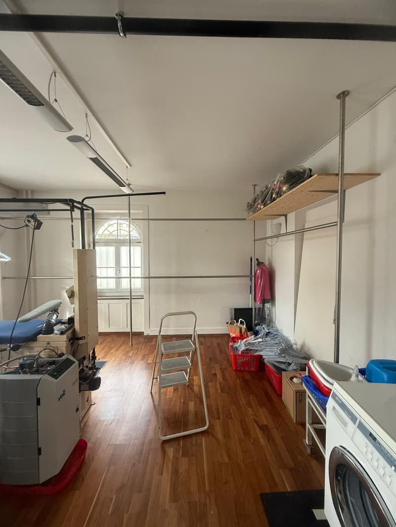 Large open space with wooden floors, white walls, a white washing machine, shelves, a ladder, red baskets and a blue hospital bed.