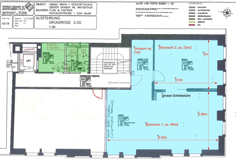 Floor plan for a commercial property with two office rooms, two storage rooms, and a stairwell.