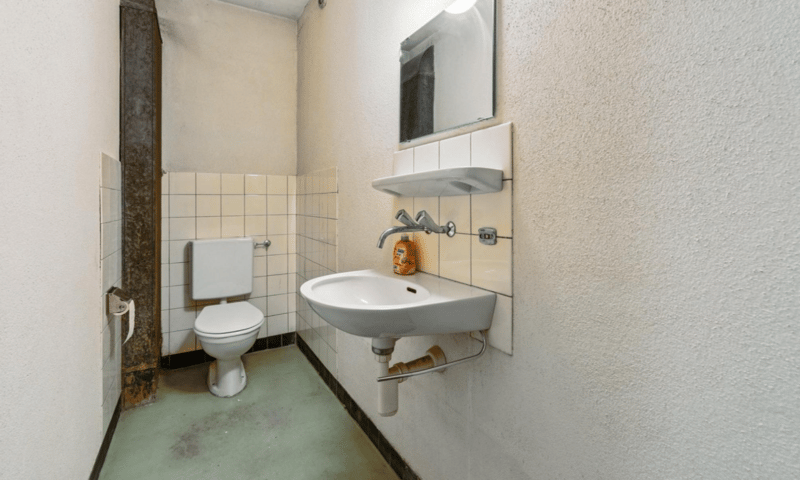 small bathroom, white tiles, white toilet, white sink, white mirror, white walls