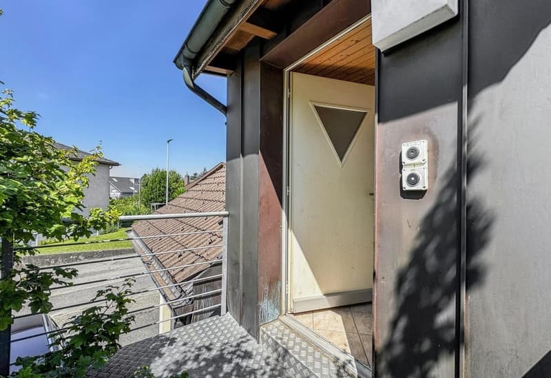 Metal railing, entrance to a room, a triangular design above the door