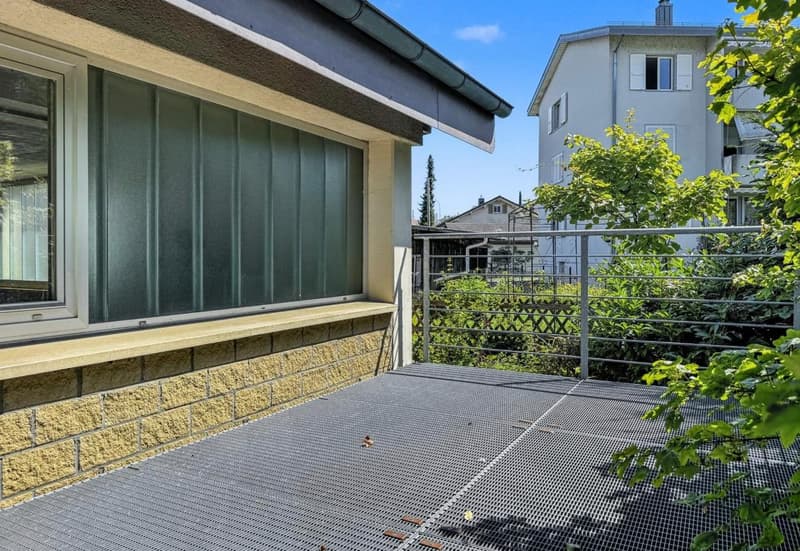 Metal fencing, brick wall, terrace, glass window, metal grate