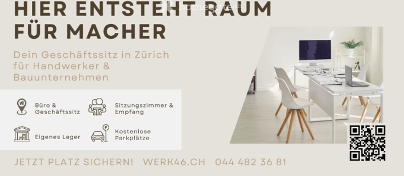 Rent an office and meeting space for craftsmen and contractors in Zurich. Free parking, own storage, and a QR code for easy contact.