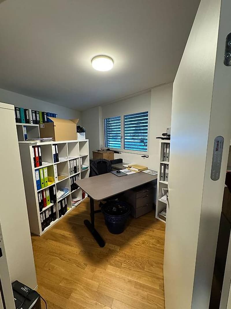 an office room with desk, chair, cabinet, shelves, and a window