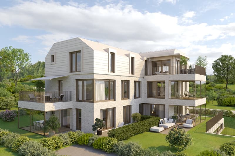 Modern multistory house with a spacious balcony, a garden with a table, and a swimming pool