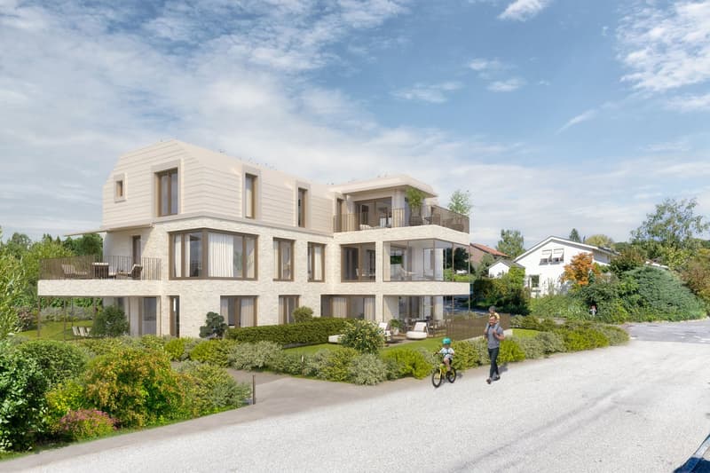modern apartment complex with multiple floors, balconies, landscaped gardens, and a road