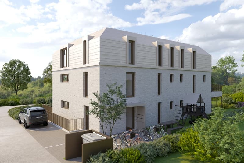 Modern 2 story house, white exterior, multiple windows, cars parked outside, bicycles