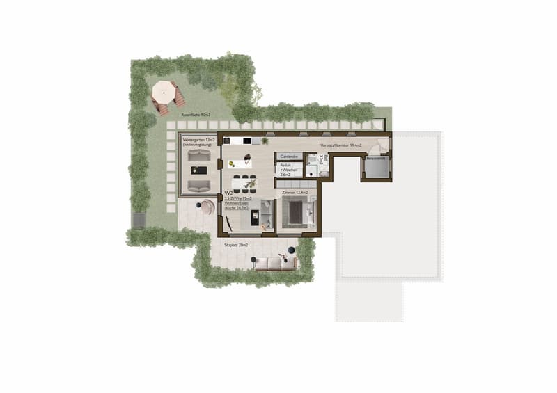 Wintergarten, Vorplatz/Korridor, Garderobe, Reduit, Zimmer, Sitzplatz