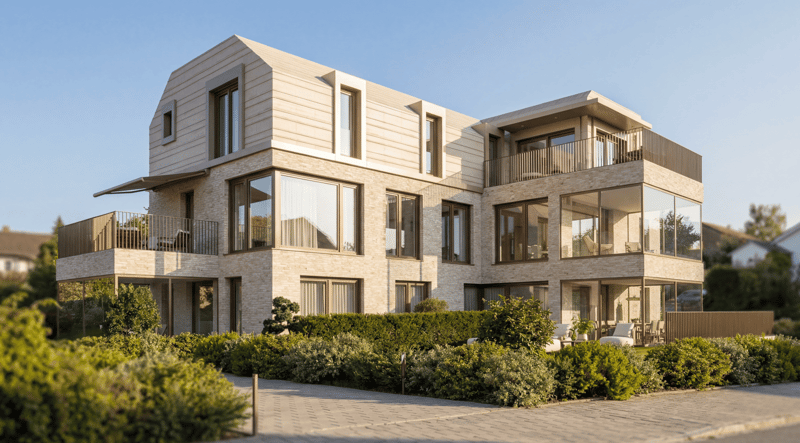 4 story modern house, brick, glass walls, large balconies, modern architectural design, elevated ground floor