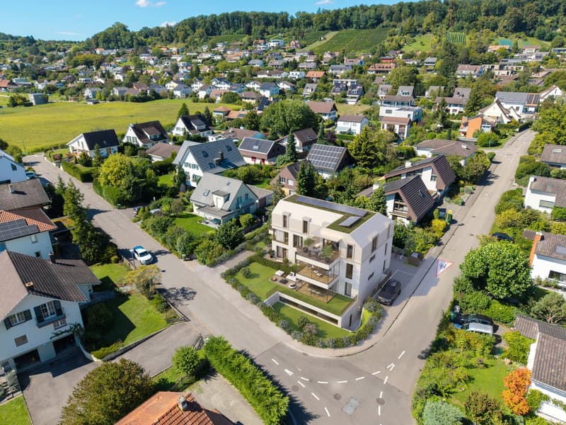 Residential neighborhood, houses with solar panels, 2 story apartment building with terraces, parked cars, road with traffic sign, greenery