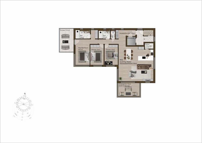 Terrace, master bedroom, 2 bedrooms, living room, kitchen, bathroom, WC, storage room, winter garden
