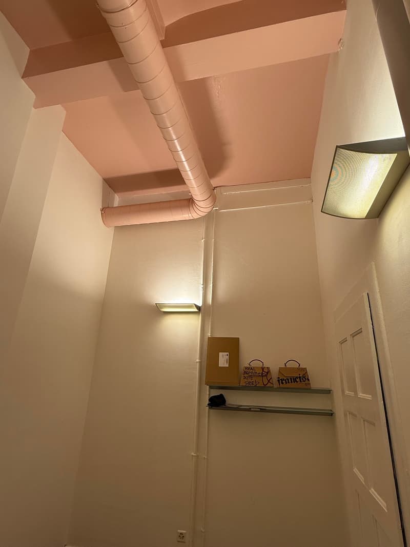 Raised ground floor, walls painted pink, white ceiling, shelves with boxes, door, pipe in the ceiling