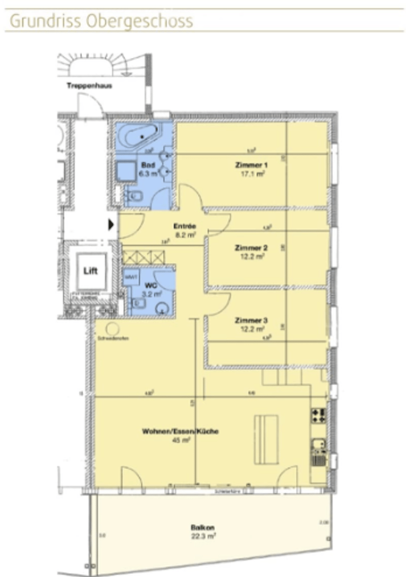 Entrance, 3 bedrooms, bathroom, living/kitchen area, balcony