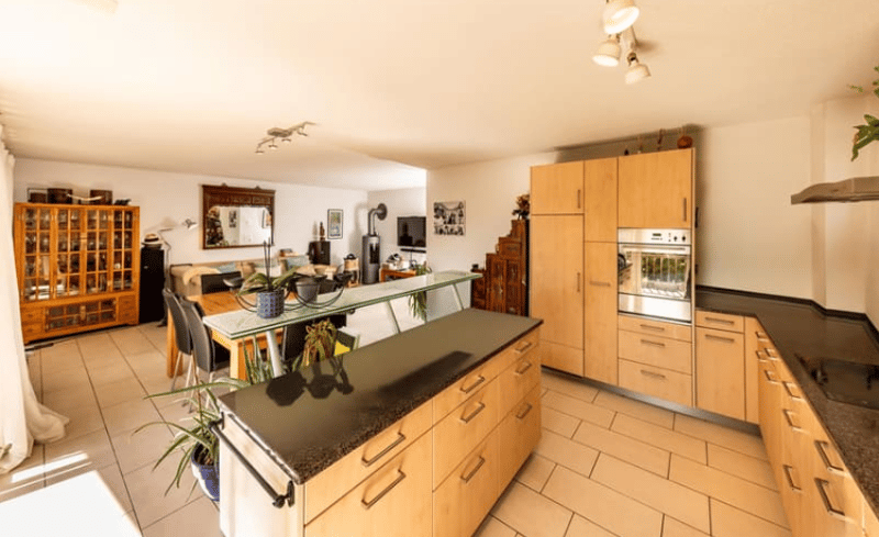 modern kitchen with wooden cabinets, glass countertop, built-in oven, dining table, chairs, potted plants, wooden cabinet with glass doors