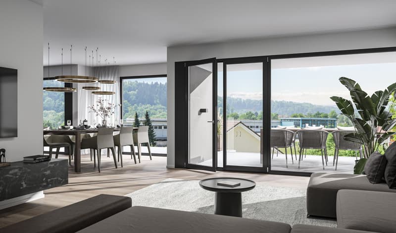 Modern living room, open to dining room and balcony, wooden flooring, large windows, modern lamps