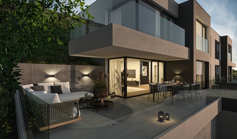 Modern building with glass walls, open terrace with dining area and seating area, glass railings, landscape elements
