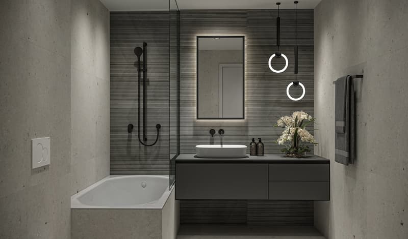 modern bathroom, floating vanity, large mirror, undermount sink, shower with black shower head, bathtub, tiled wall, grey flooring, two towels on towel rack, flower vase on counter