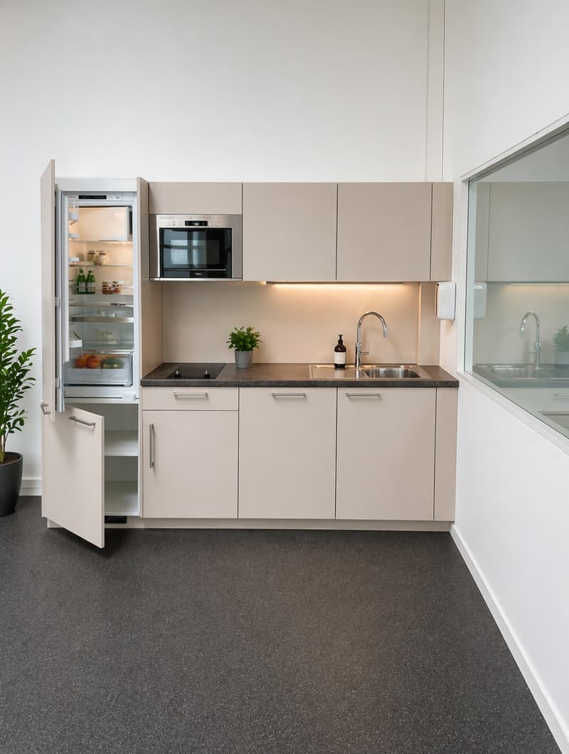 modern kitchen with white cabinets, granite countertop, stainless steel sink, faucet, microwave, refrigerator, potted plant, black induction stove, bottle, open refrigerator door