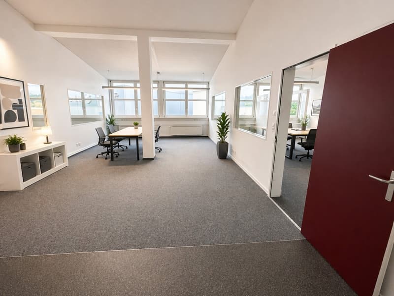 Empty office with desks, chairs, and plants. White walls, gray carpet, and large windows.