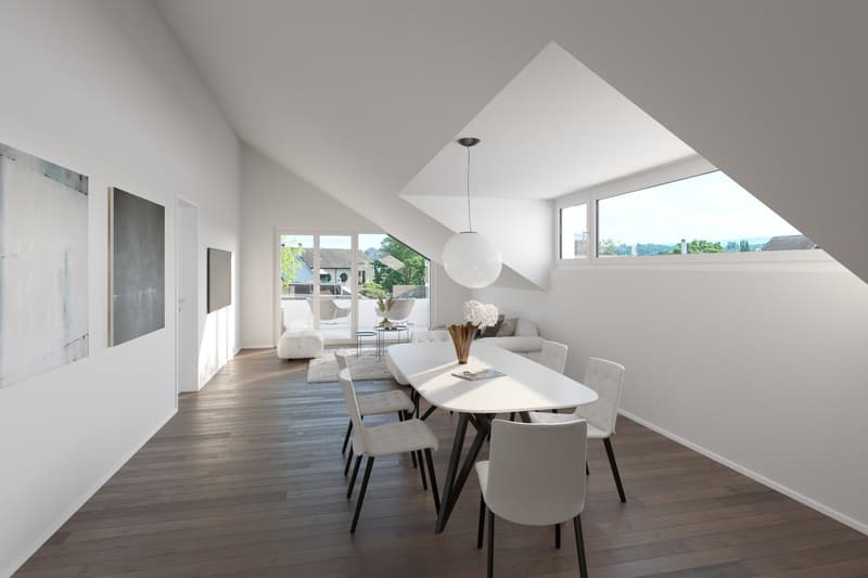 Dining room with white walls, wooden floor, large windows, white dining table, white chairs, pendant light, flower vase, couch, and paintings
