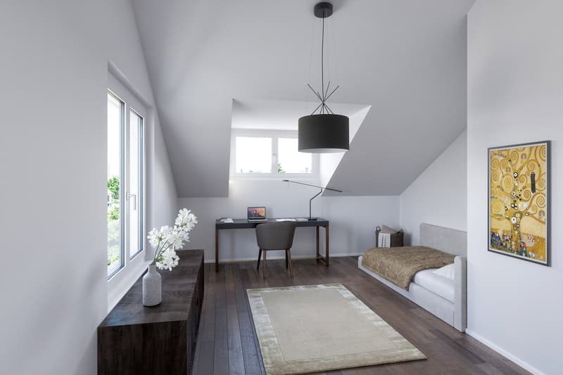 A room with a desk, chair, bed, and a painting on the wall. The room has a wooden floor, white walls, and a ceiling lamp. There is a vase with white flowers on a wooden table, and a rug on the floor. The desk has a laptop, books, and a lamp. The bed has a