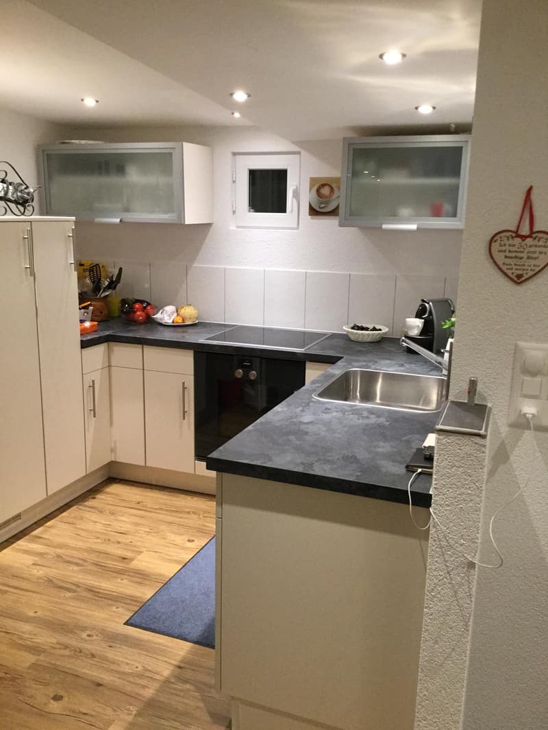 modern kitchen with a granite countertop, stainless steel sink, white cabinets, wooden floor, and built-in appliances