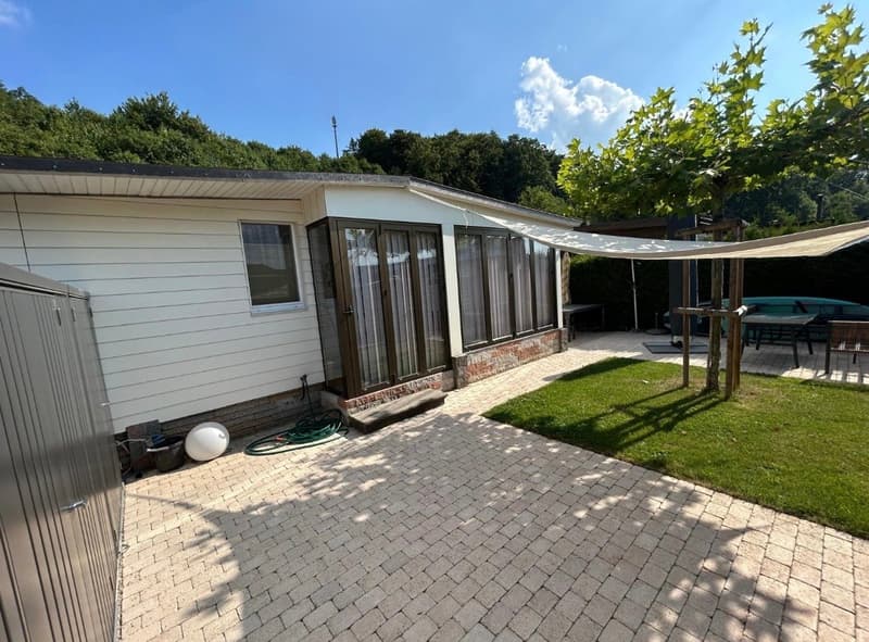 detached house, brick walls, glass doors, garden with lawn and tree