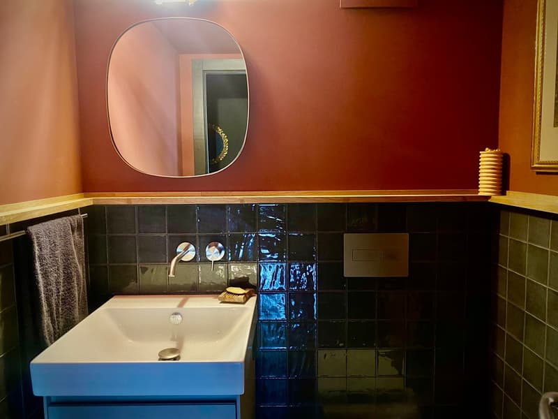 Small bathroom with white sink, faucet, red wall, oval mirror, black tiled wall, towel hanging on metal bar
