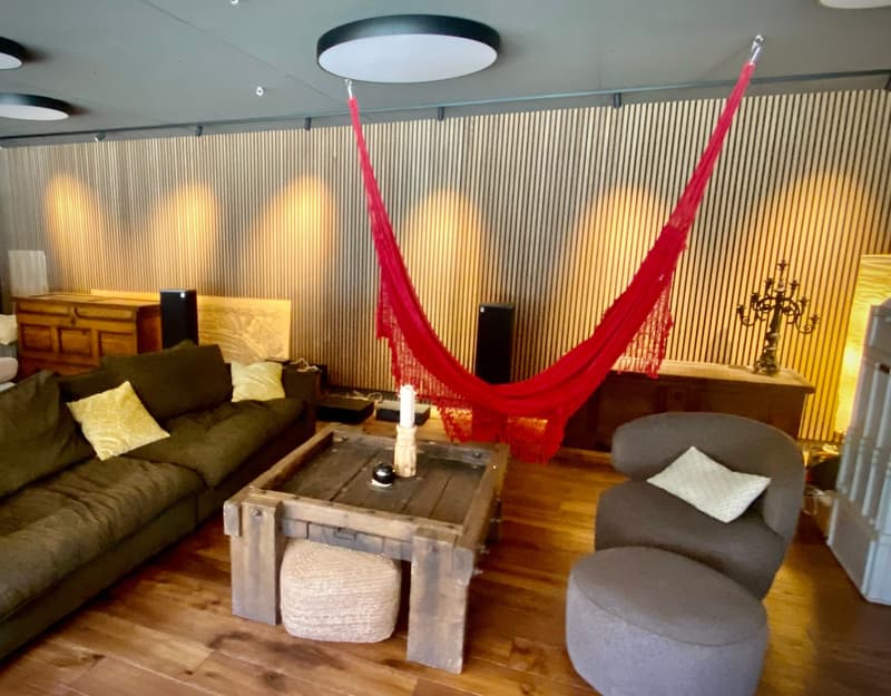 modern design with wood floor, cozy sofa, wooden table, armchair, cushion, hanging hammock, cabinets, speakers, candle
