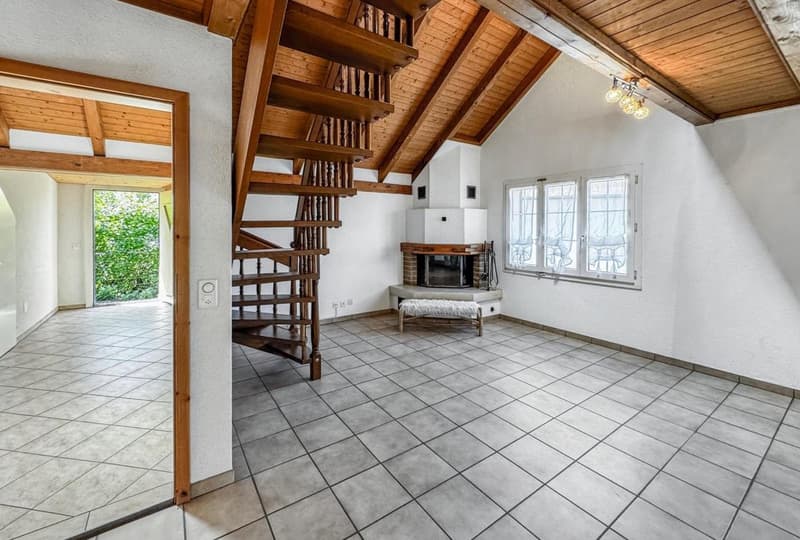 empty room, fireplace, wooden ceiling, tiled floor, spiral staircase, window