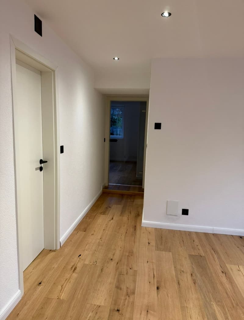 Empty hallway with wooden floor, white walls, and ceiling lights
