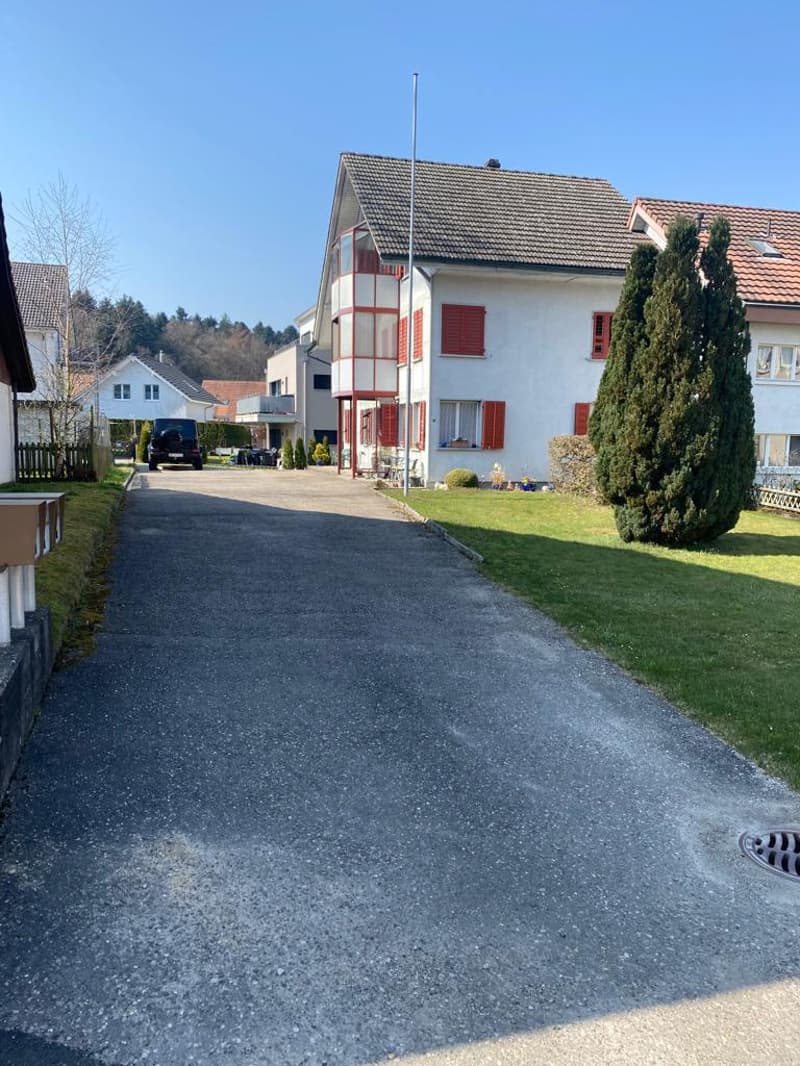 Driveway leading to a house with red shutters, brown roof, white walls, and a small garden in front.
