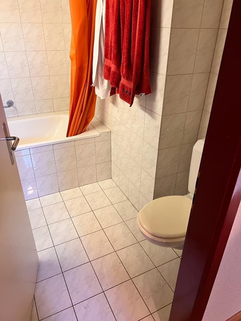 Bathroom with bathtub, toilet, white tiles, red towels, shower curtain