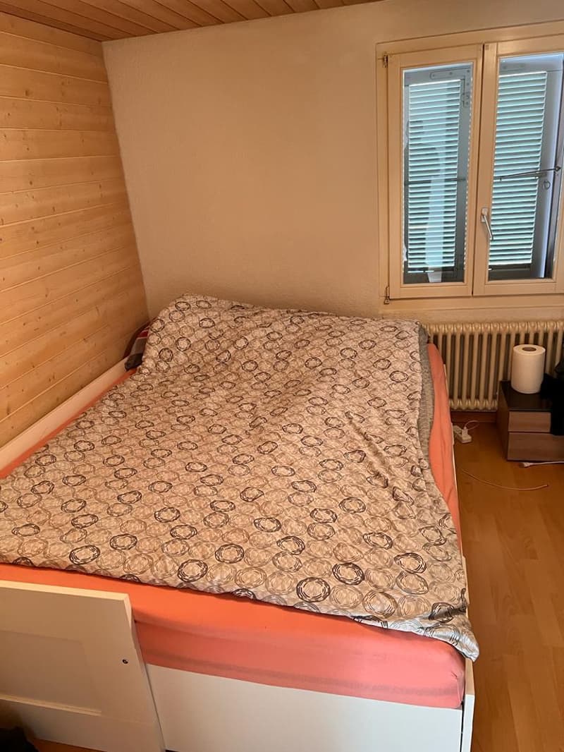 Bedroom with wooden walls, bed with patterned bedding, window with blinds, wooden floor, radiator, nightstand with tissue roll.