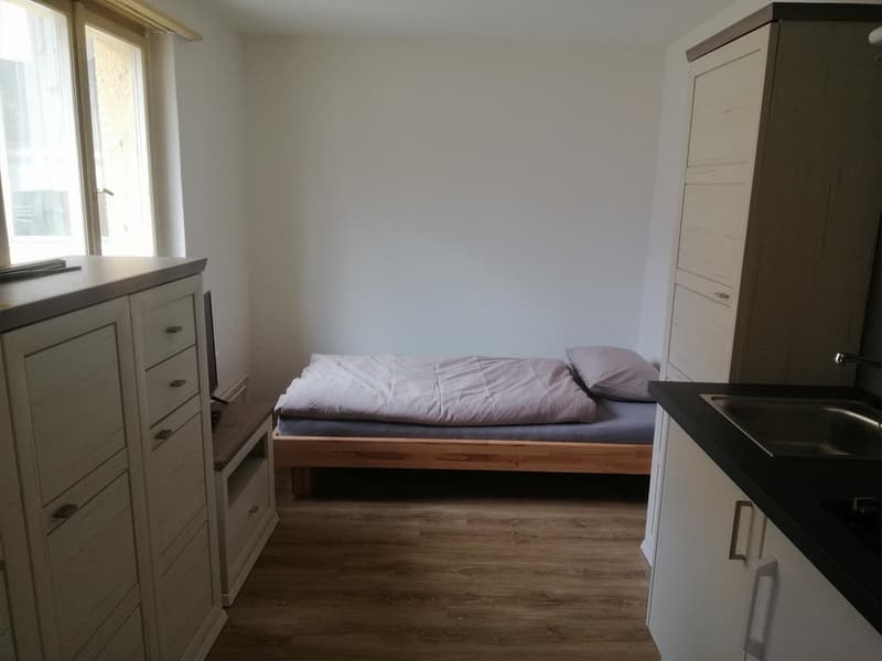 Single bedroom with bed, wooden floor, white walls, two windows, built-in closet, and open kitchen.
