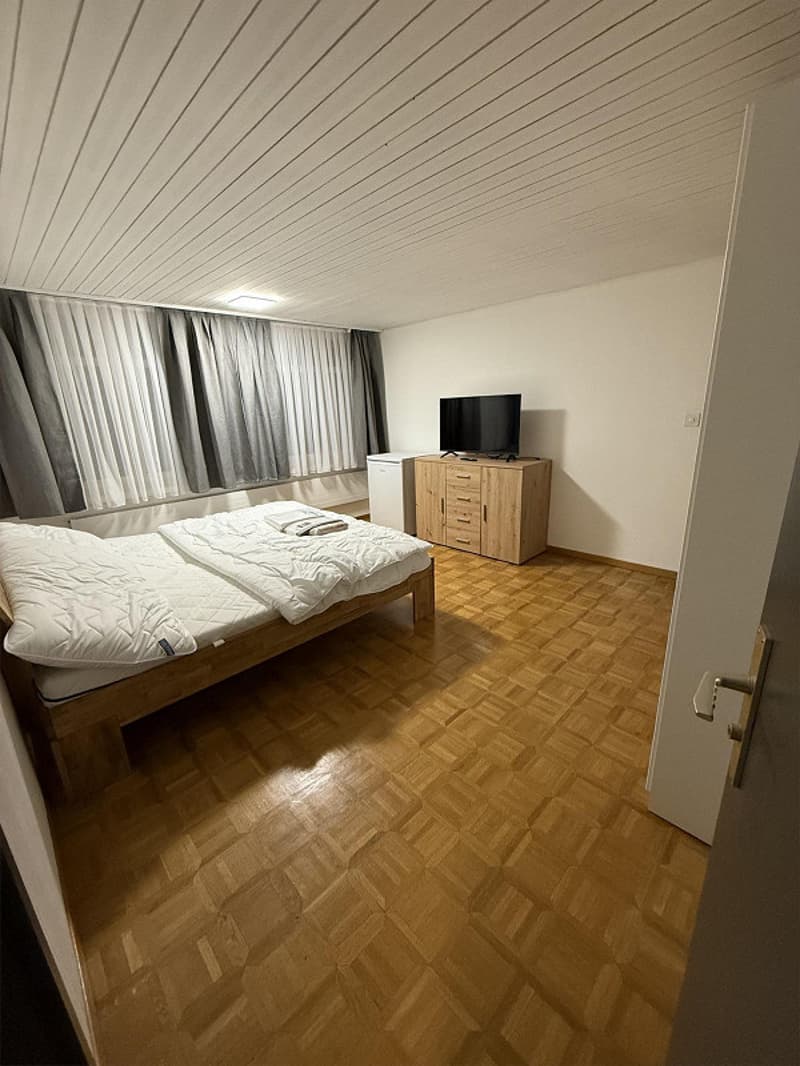 Spacious bedroom with wooden bed, flat screen TV, wardrobe, small white refrigerator, wooden cabinet