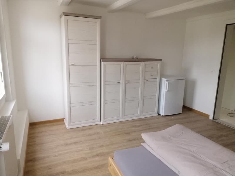 Empty room with wooden floor, white walls, white wardrobe, two large white cabinets, a white fridge, and a bed with white bedding.