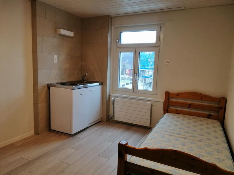 a small room with a kitchenette and a bed