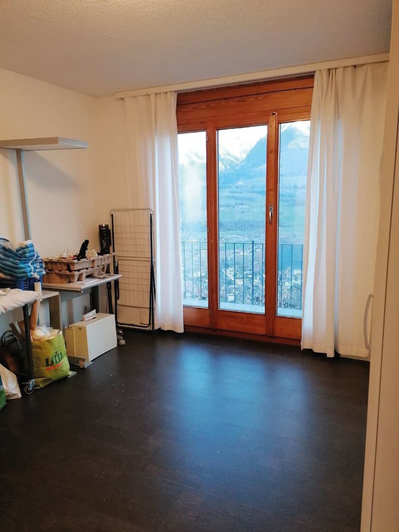 empty room, wooden floor, white walls, large windows, balcony, view of mountains