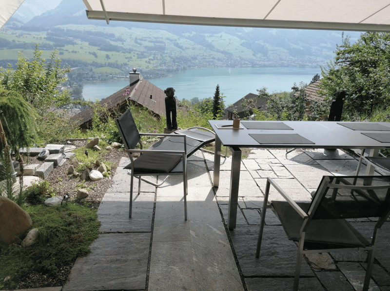 Outdoor dining area with table and chairs, stone pathway, garden with plants and rocks, lake view, mountains in the distance