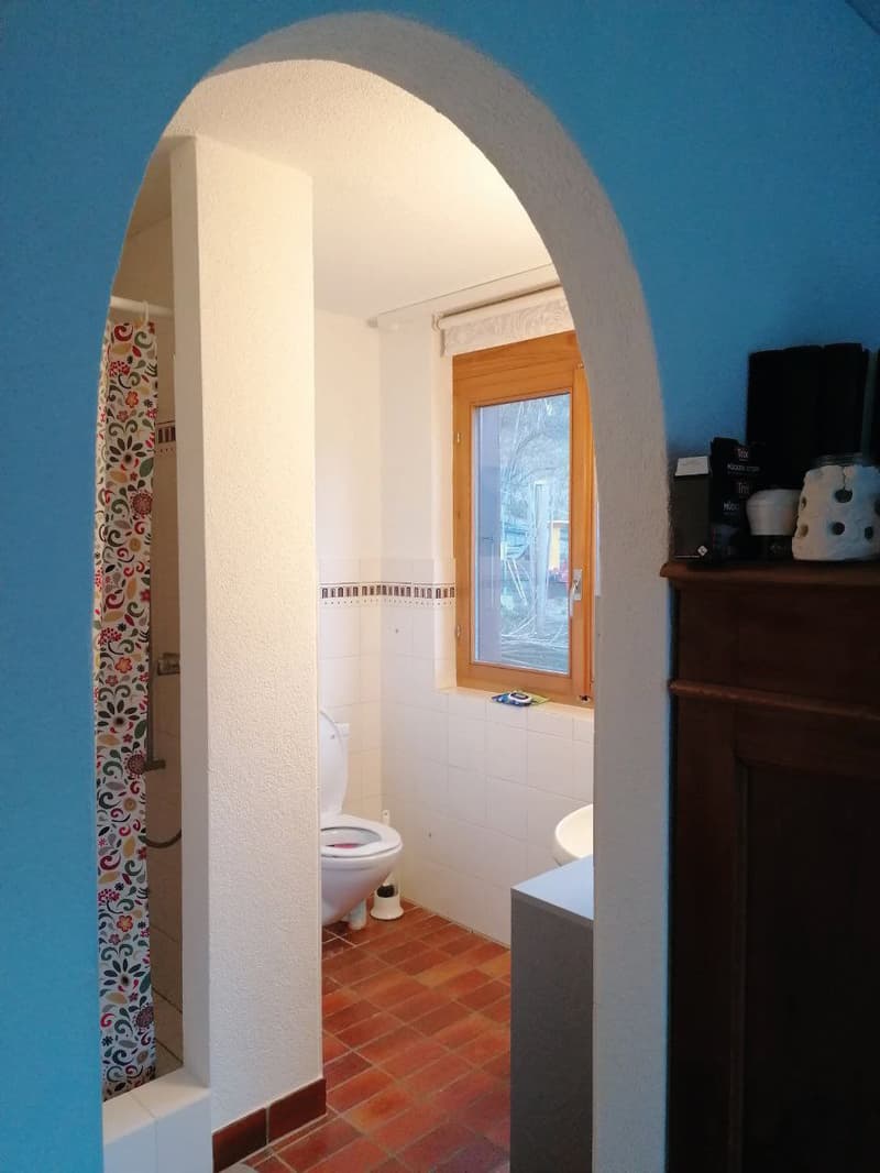 Bathroom with toilet, shower, sink, window, tiled floor, blue wall, wooden cabinet