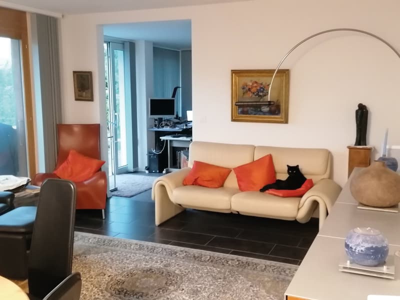 living room with beige couch, orange pillows, black cat, black chair, beige rug, white table, picture frames, lamp