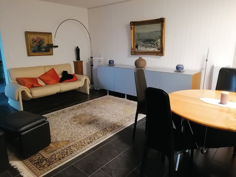 A living room with a beige couch, a rug, a dining table, and a cabinet with vases.