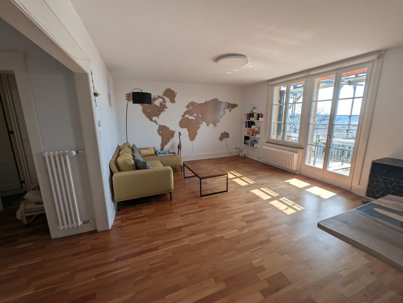 wooden floor, couch, coffee table, world map wall art, radiator, sliding glass doors, balcony, view