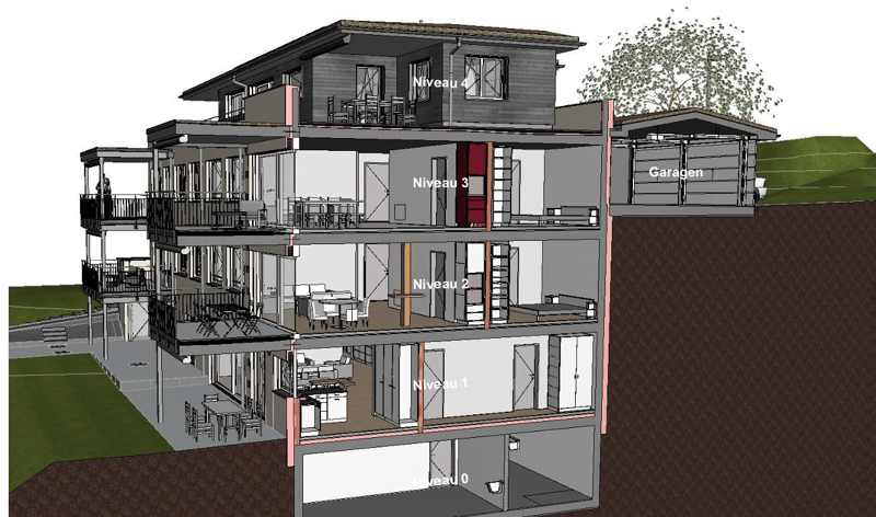 4 levels, balconies, garage, dining areas, kitchen, living room, bedrooms, bathrooms