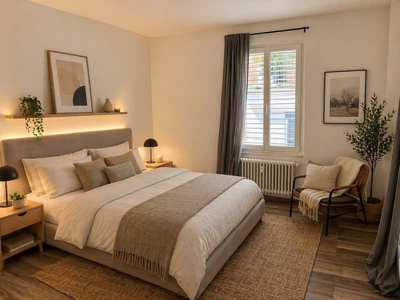 A bedroom with a bed, nightstands, a chair, a rug, a radiator, and a window with curtains.