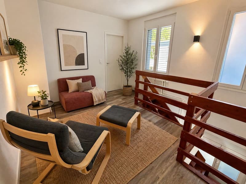 modern living room with wooden floor, couch, chair, ottoman, rug, lamp, potted plants, picture frame, wooden staircase